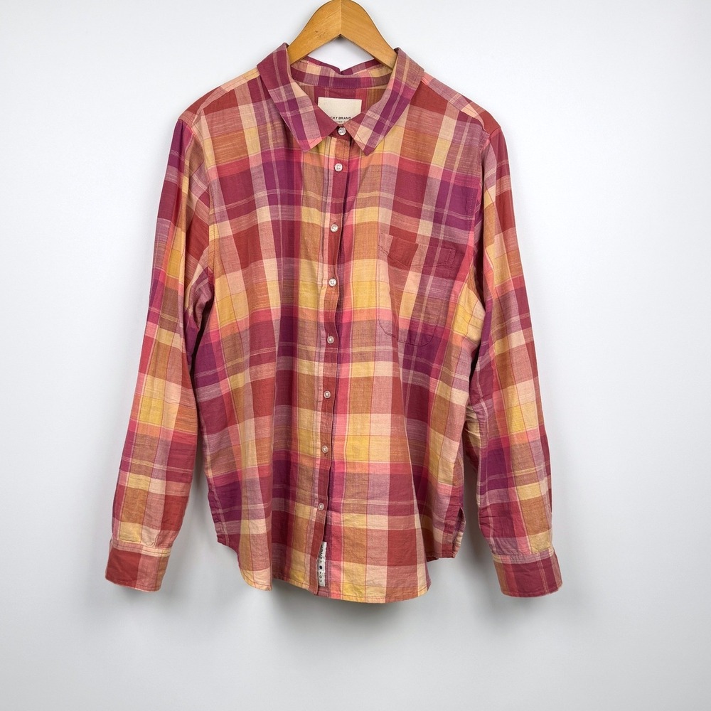 Lucky Brand Plaid Button Down Shirt Women L Pink Yellow Long Sleeve Cotton